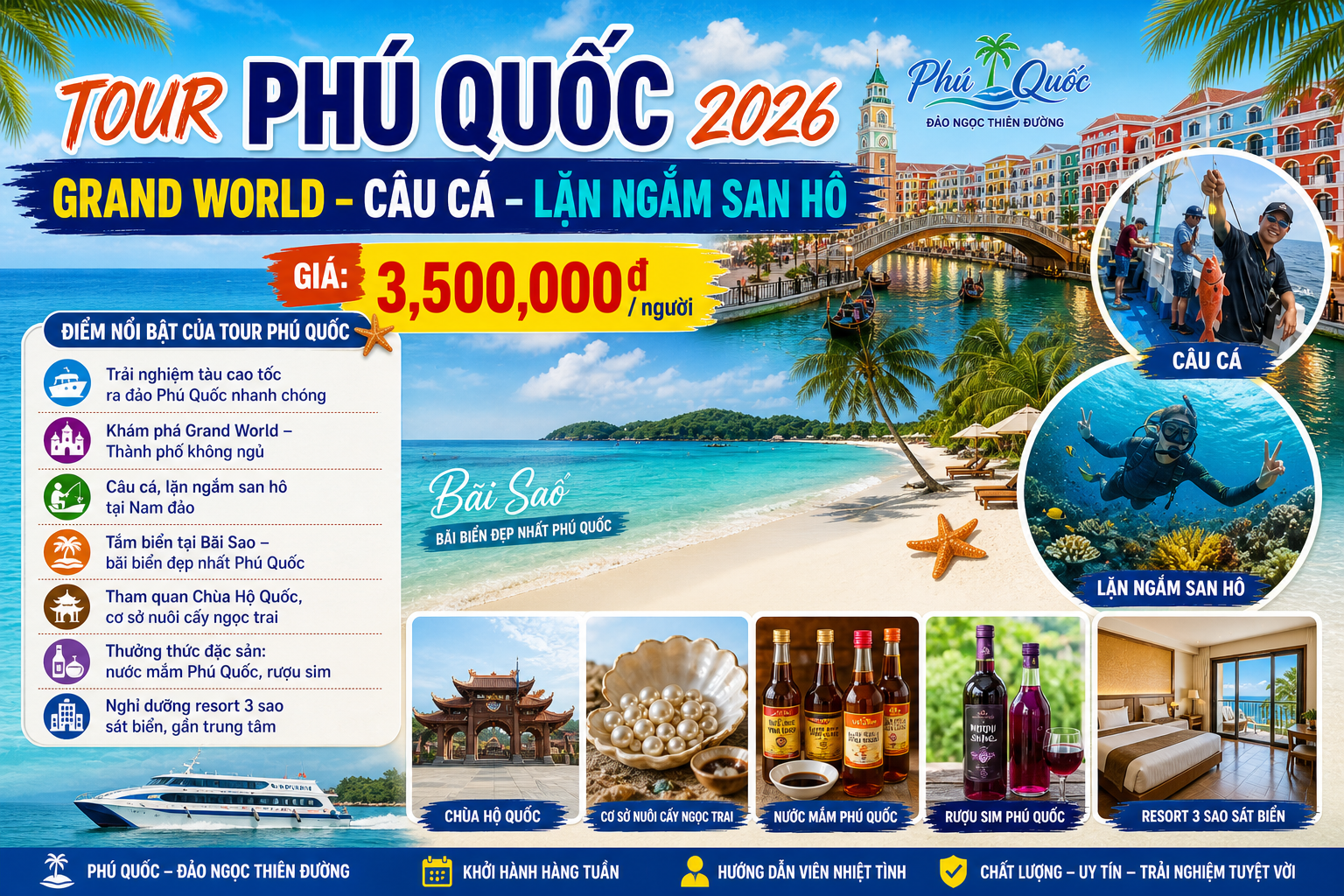 TOUR PHÚ QUỐC Grand World – Câu Cá – Lặn Ngắm San Hô 
